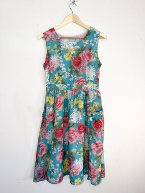 NorthStyle Teal Floral Sleeveless Dress with Pink and Yellow Blooms